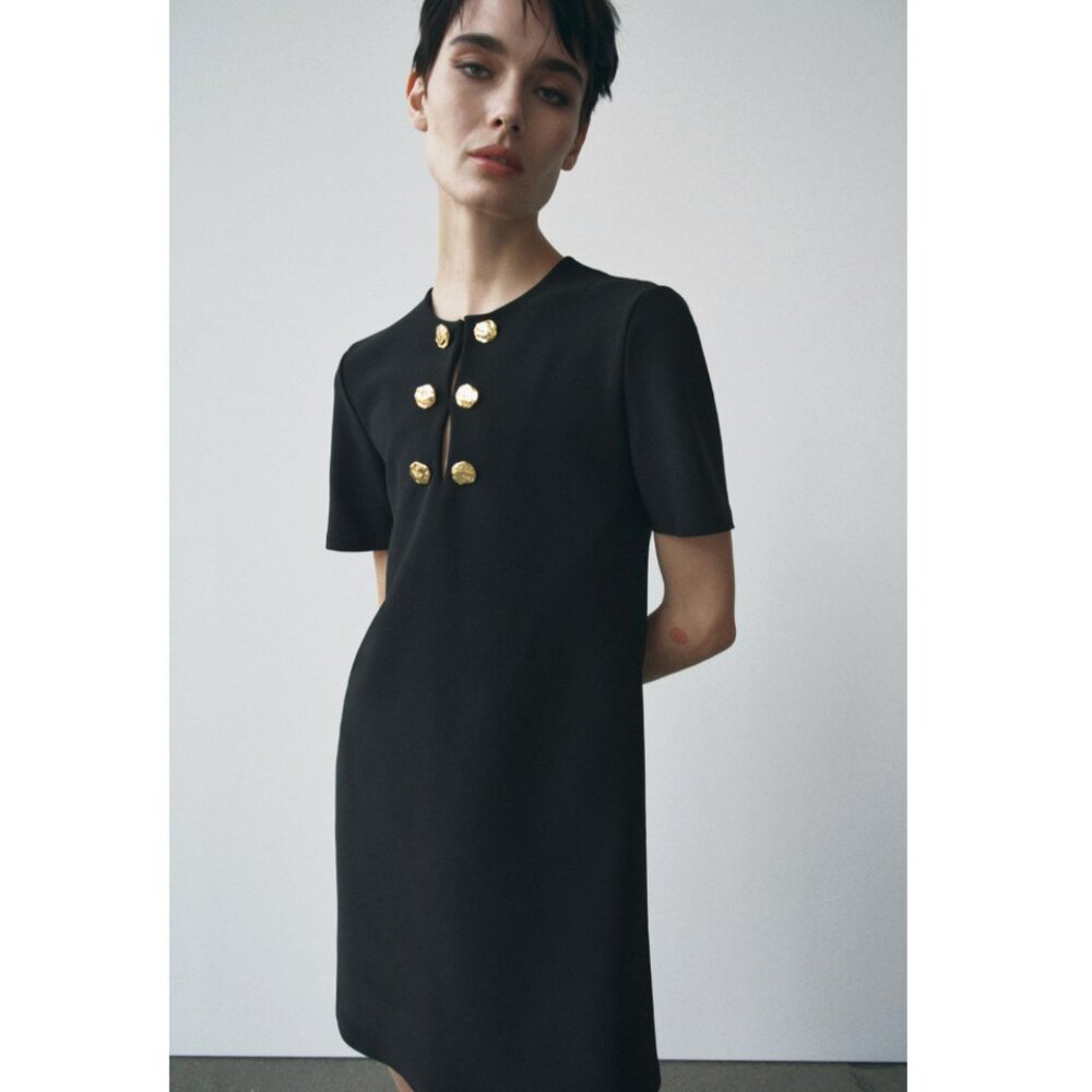 Zara Women's Black Gold Buttoned Short Sleeve Shift Mini Dress Size Medium